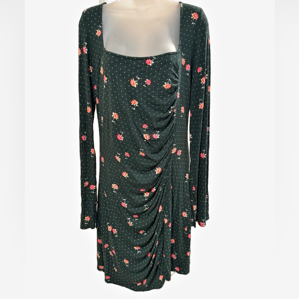 Free People | Celia Mini Dress - Emerald Jewel Floral/Polka Dot Print - Ruched - Picture 2 of 13